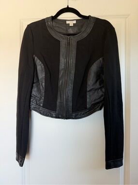 Bisou Bisou Black Mixed-Media Zip Front Faux Leather-Trim Jacket
